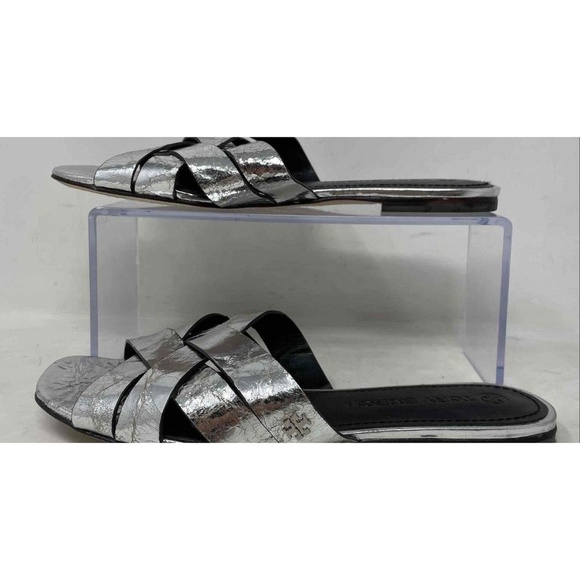 Tory Burch Sandals Womens Size 7 Metallic Silver Crisscross Logo Medallion - Picture 2 of 9